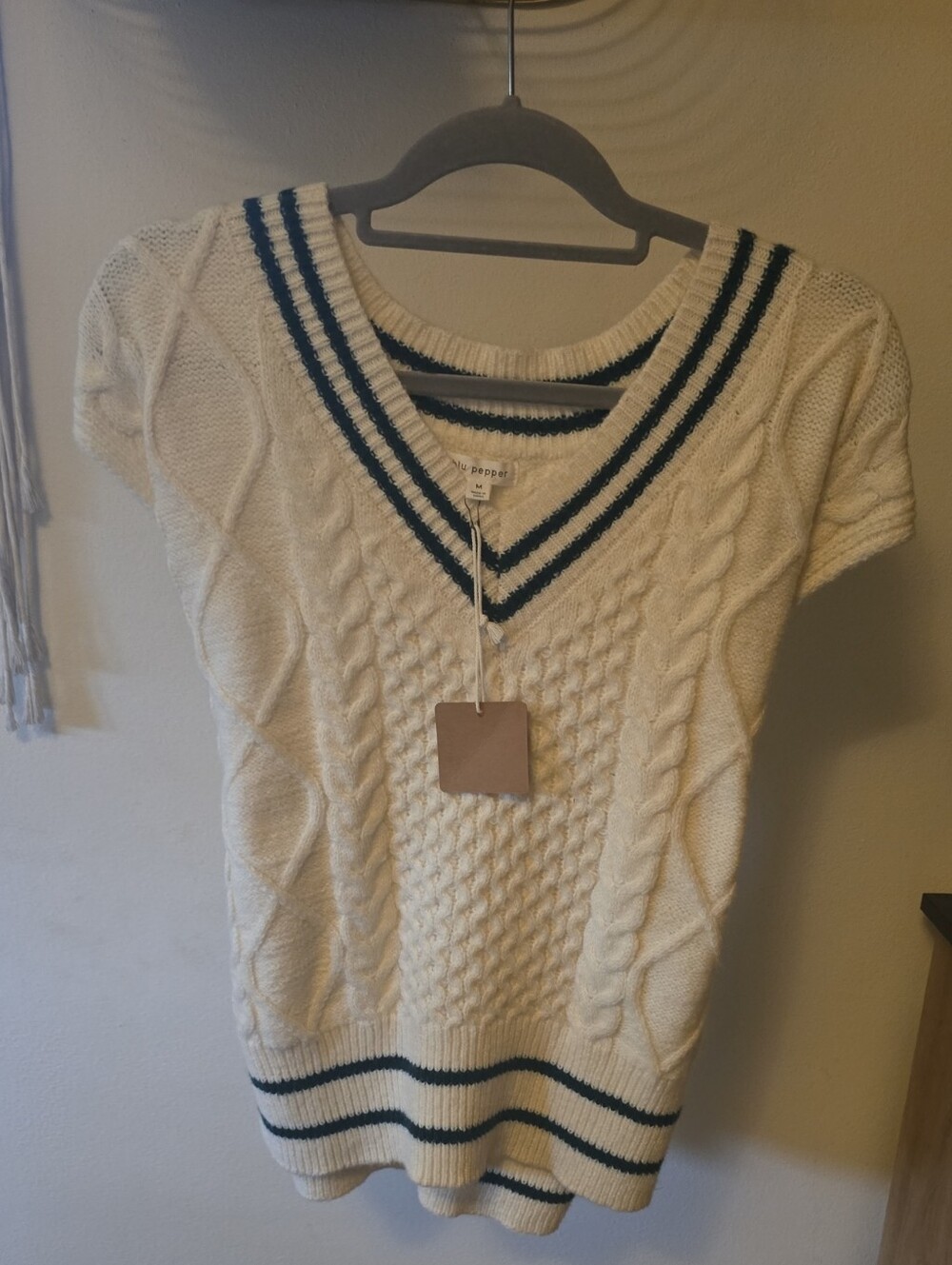 Blu Pepper Ivory V-Neck Cable Knit Sweater with Navy Stripes